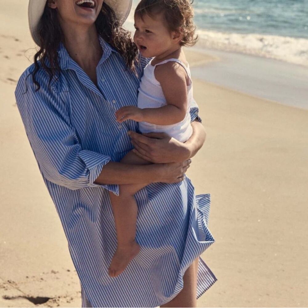 Doen Jora Cotton Poplin Oversized Button Shirt Mini Dress Blue Montauk Stripe